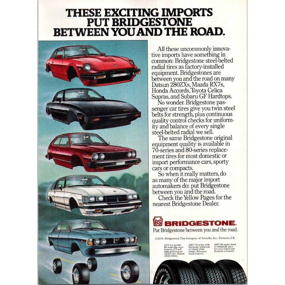 1979 Bridgestone Tires 70s Sports Cars Vintage Print Ad 280ZX RX7 Supra Wall Art